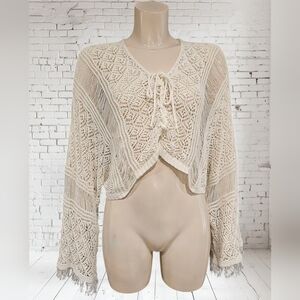 WILLOW ROOT Off White Crochet Knit Boho Festival Cinch Tie Crop Top S